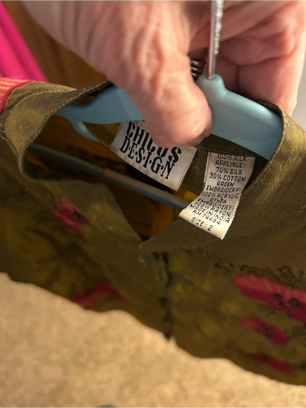 Chico's Olive Green Jacket with Pink Floral Embroidery - Picture 2 of 5